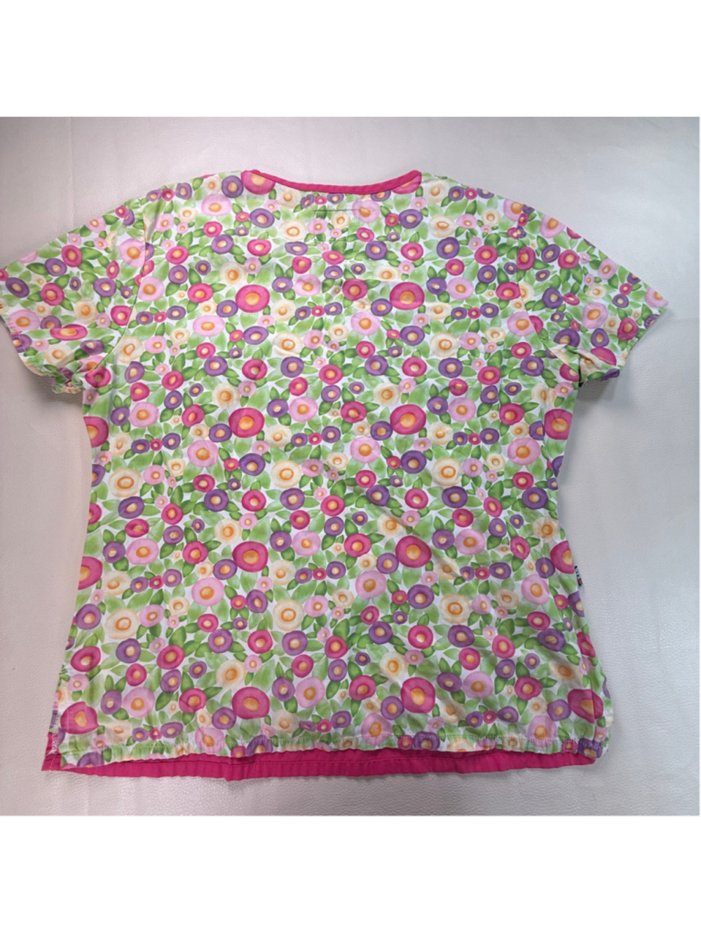 Mary Engelbreit Scrub Top Women Medium Floral Print Pink Purple Green Pockets